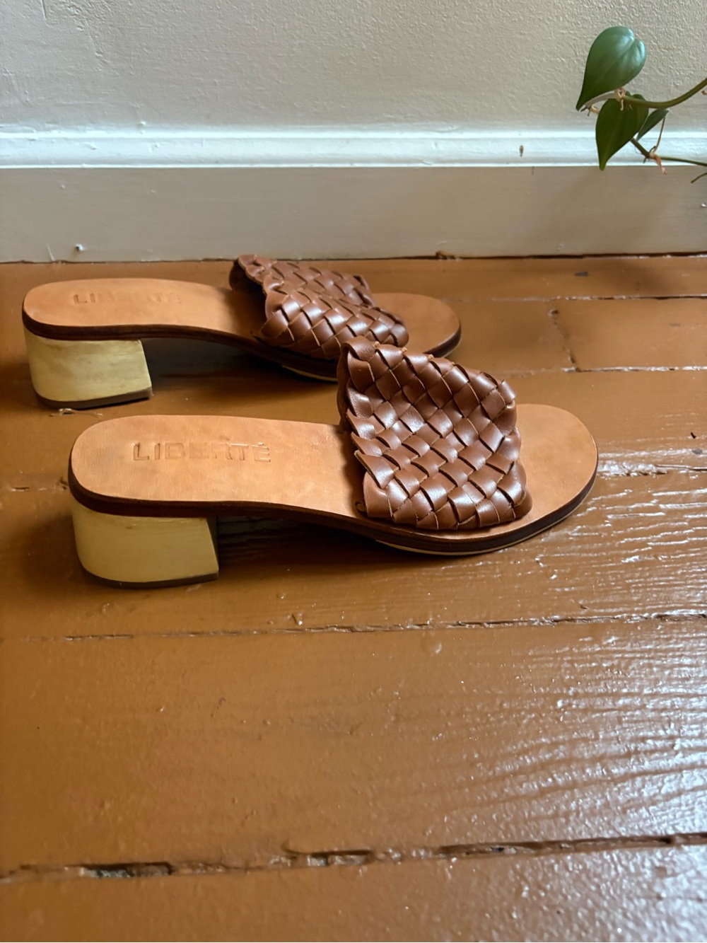 Woven Leather Slide Mule in Brown with Block Heel
